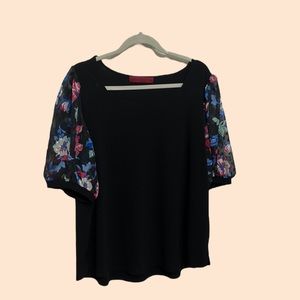 Simple Black Top with Floral Sleeves Plus Size 2X